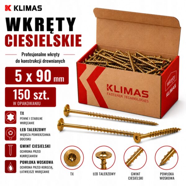 KLIMAS Wkręty ciesielskie 5 x 90 mm do drewna łeb talerzowy Torx 150 szt.