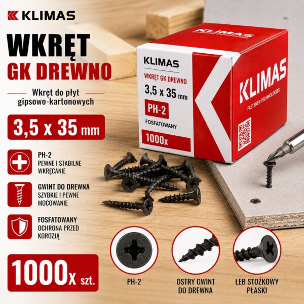 e1b7a22bd753f78bb98e13ed42fa730f KLIMAS Wkręty do płyt G-K do drewna Wkręt-Met 3,5 x 35 mm 1000 szt.