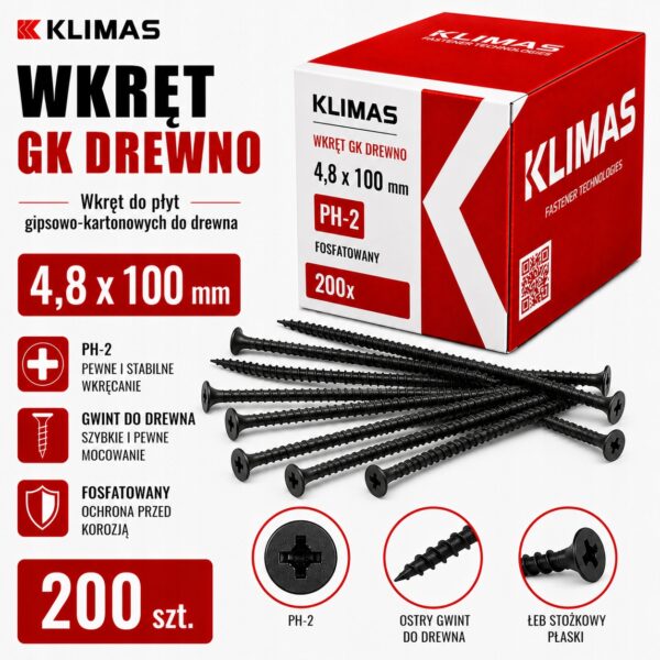 KLIMAS Wkręty do płyt G-K do drewna Wkręt-Met 4,8 x 100 mm 200 szt.