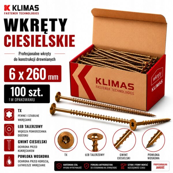 e3ee37673e8b6f2077043f2386eec3d8 KLIMAS Wkręty ciesielskie 6 x 260 mm do drewna łeb talerzowy Torx 100 szt.