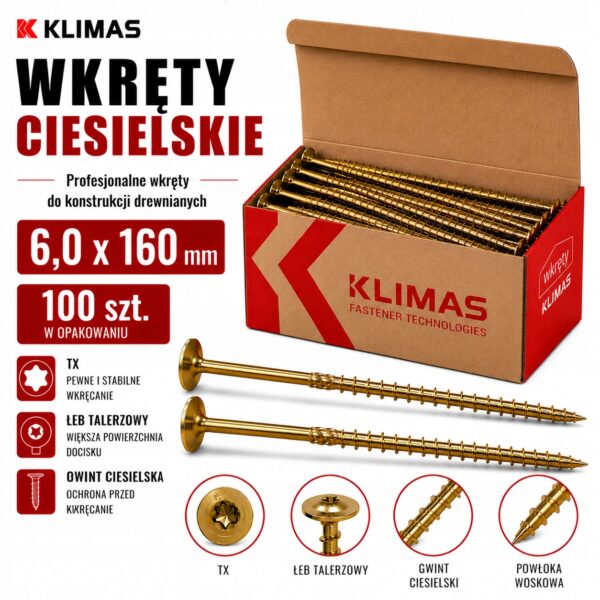 KLIMAS Wkręty ciesielskie 6 x 160 mm do drewna łeb talerzowy Torx 100 szt.