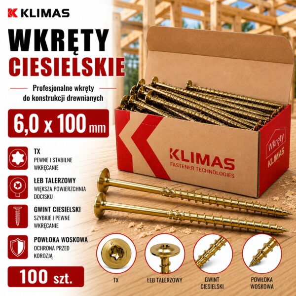 KLIMAS Wkręty ciesielskie 6 x 100 mm do drewna łeb talerzowy Torx 100 szt.