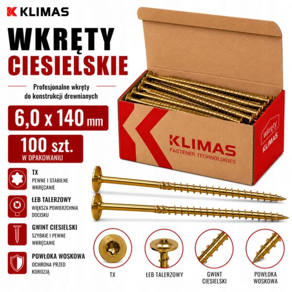 KLIMAS Wkręty ciesielskie 6 x 140 mm do drewna łeb talerzowy Torx 100 szt.