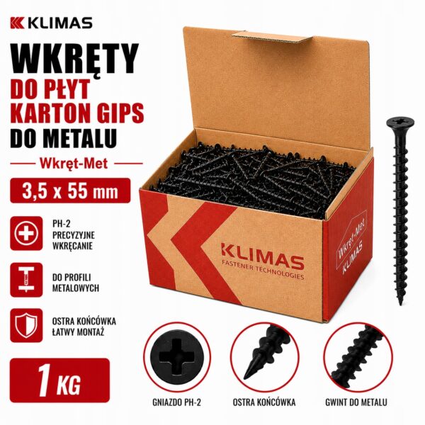 KLIMAS Wkręty do płyt karton gips do metalu Wkręt-Met 3,5 x 55 mm 1KG