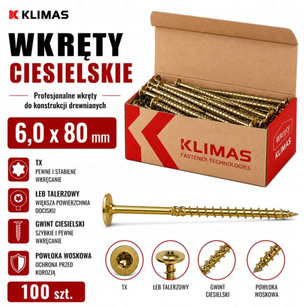 KLIMAS Wkręty ciesielskie 6 x 80 mm do drewna łeb talerzowy Torx 100 szt.