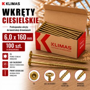 KLIMAS Wkręty ciesielskie 6 x 160 mm do drewna łeb talerzowy Torx 100 szt.