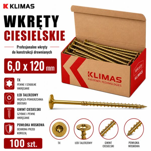 KLIMAS Wkręty ciesielskie 6 x 120 mm do drewna łeb talerzowy Torx 100 szt.