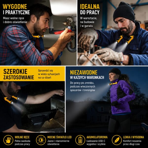 Lampka LED na szyję 5W z akumulatorem IP65 USB-C 2xLED 200lm 6000K Lampka LED na szyję 5W z akumulatorem IP65 USB-C 2xLED 200lm 6000K
