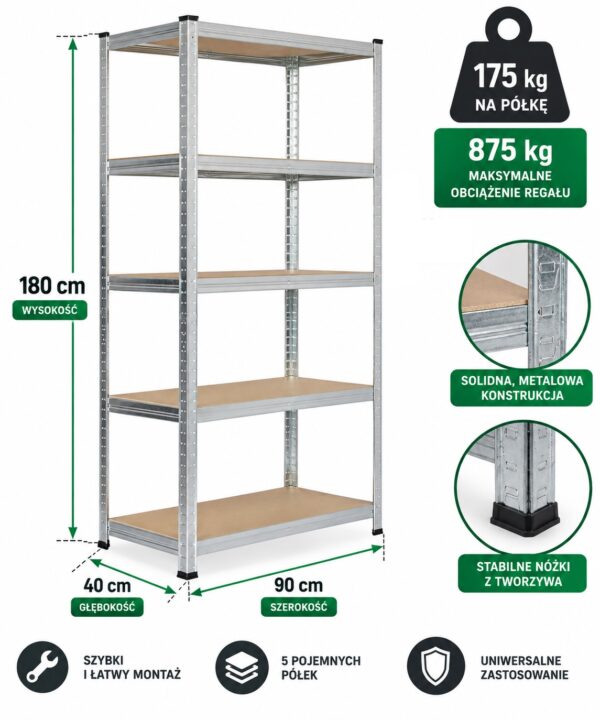 Regał Magazynowy Metalowy 180x90x40cm 2w1 do 875kg