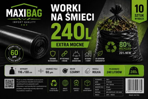 WORKI NA ŚMIECI ODPADY BUDOWLANE GRUZ 240L Extra Mocne 240L 10 sztuk WORKI NA ŚMIECI ODPADY BUDOWLANE GRUZ 240L Extra Mocne 240L 10 sztuk