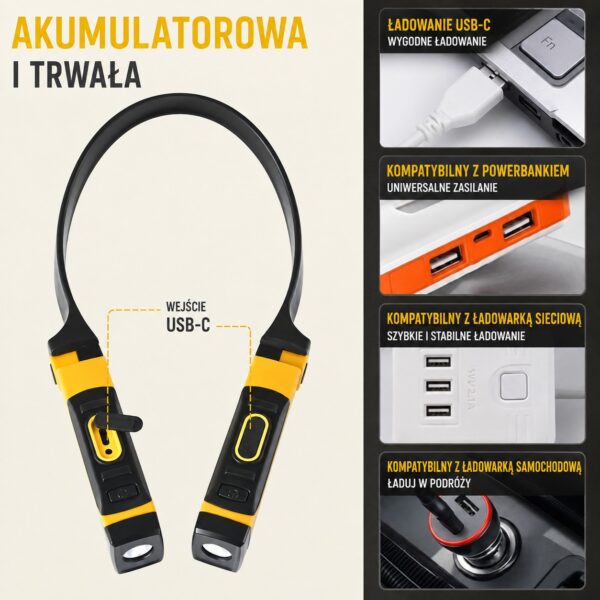 Lampka LED na szyję 5W z akumulatorem IP65 USB-C 2xLED 200lm 6000K Lampka LED na szyję 5W z akumulatorem IP65 USB-C 2xLED 200lm 6000K